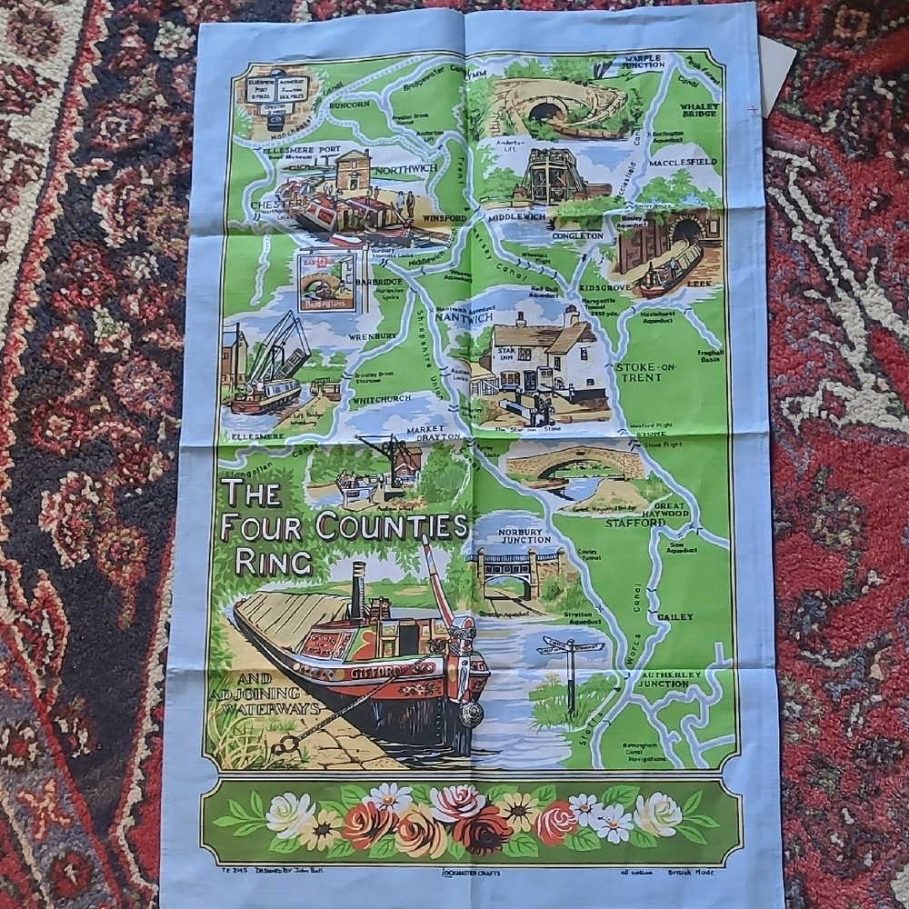 Vintage Four Counties Ring Map Tea Towel ,new